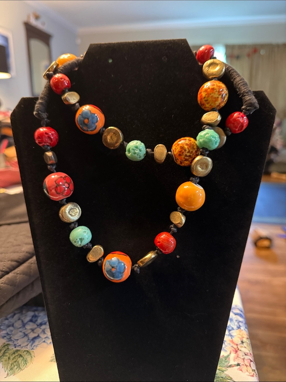 Colorful Beaded Statement Necklace - Red, Orange, Turquoise, Gold